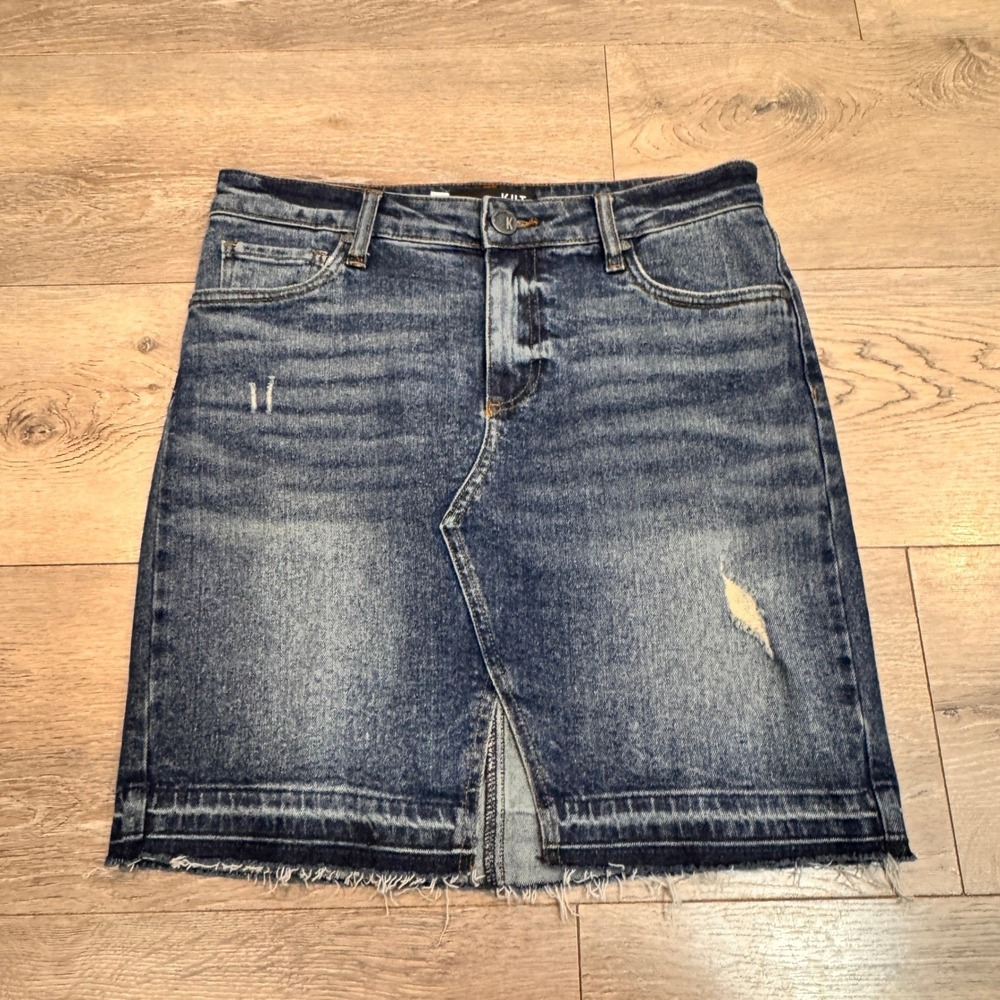 KUT from the Kloth Hannah Denim Skirt Size 4 Distressed Frayed Hem Knee
